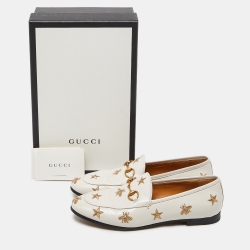 Gucci Cream Leather Jordaan Embroidered Bee Horsebit Slip On Loafers Size 38