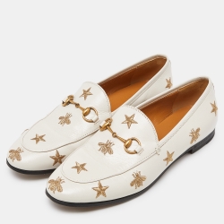 Gucci Cream Leather Jordaan Embroidered Bee Horsebit Slip On Loafers Size 38