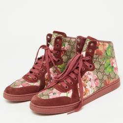 Gucci Beige/Pink GG Bloom Print Supreme Canvas and Suede High Top Sneakers Size 39.5 
