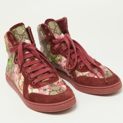 Gucci Beige/Pink GG Bloom Print Supreme Canvas and Suede High Top Sneakers Size 39.5 
