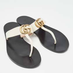 Pre Owned Gucci White Leather GG Marmont Thong Flats Size 39.5