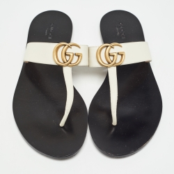 Pre Owned Gucci White Leather GG Marmont Thong Flats Size 39.5