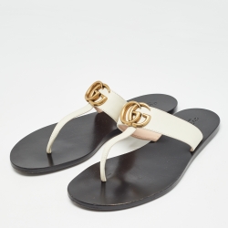 Pre Owned Gucci White Leather GG Marmont Thong Flats Size 39.5