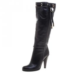 Pre Owned Gucci Black Leather Drawstring Knee Length Boots Size 38