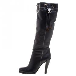 Pre Owned Gucci Black Leather Drawstring Knee Length Boots Size 38