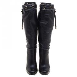 Pre Owned Gucci Black Leather Drawstring Knee Length Boots Size 38