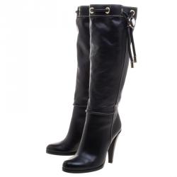 Pre Owned Gucci Black Leather Drawstring Knee Length Boots Size 38