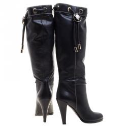 Pre Owned Gucci Black Leather Drawstring Knee Length Boots Size 38