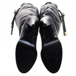 Pre Owned Gucci Black Leather Drawstring Knee Length Boots Size 38