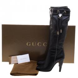 Pre Owned Gucci Black Leather Drawstring Knee Length Boots Size 38