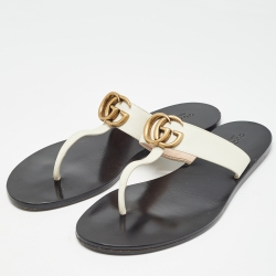 Pre Owned Gucci White Leather GG Marmont Thong Flats Size 39