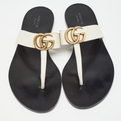 Pre Owned Gucci White Leather GG Marmont Thong Flats Size 39