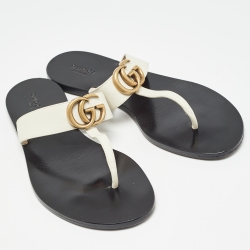 Pre Owned Gucci White Leather GG Marmont Thong Flats Size 39