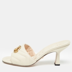 Pre Owned Gucci Cream Matelasse Leather GG Marmont Slide Sandals Size 40.5