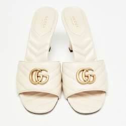 Pre Owned Gucci Cream Matelasse Leather GG Marmont Slide Sandals Size 40.5