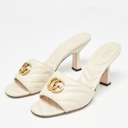 Pre Owned Gucci Cream Matelasse Leather GG Marmont Slide Sandals Size 40.5