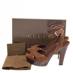 Pre Owned صندل غوتشي كعب سميك سيور متعاكسة غريس سويدي بني مقاس 37