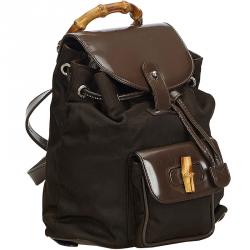 Pre Owned Gucci Brown Nylon Bamboo Backpack