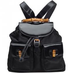 Pre Owned Gucci Black Bamboo Canvas Drawstring Backpack