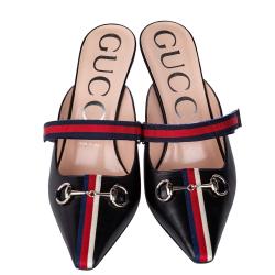 Pre Owned Gucci Black/Red Leather Emma Web Strap Horsebit Mules Size 39