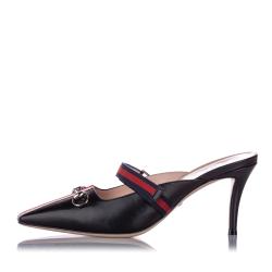 Pre Owned Gucci Black/Red Leather Emma Web Strap Horsebit Mules Size 39