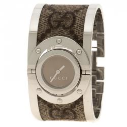 Gucci Twirl Brown Stainless Steel GG Supreme Print Canvas Bangle Bracelet Women's Wristwatch 23.50 mm