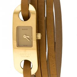 Gucci Gold Tone Stainless Steel Leather Wrap 6100L Women's Wristwatch 14 mm