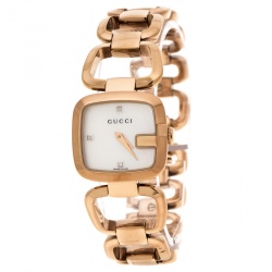 Pre Owned Gucci White Mother of Pearl Rose Gold Plated Steel G Series 125.5 Women's Wristwatch 24 mm