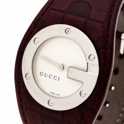 Pre Owned Gucci Silver White 104 Bandeau Leather Women's Wristwatch 31 mm