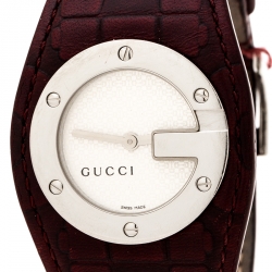 Pre Owned Gucci Silver White 104 Bandeau Leather Women's Wristwatch 31 mm