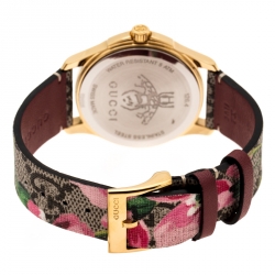 Pre Owned Gucci Pink Blooms Print Gold Plated Stainless Steel G-Timeless 126.4 Women's Wristwatch 36 mm