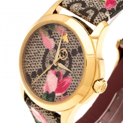 Pre Owned Gucci Pink Blooms Print Gold Plated Stainless Steel G-Timeless 126.4 Women's Wristwatch 36 mm