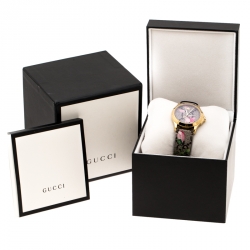 Pre Owned Gucci Pink Blooms Print Gold Plated Stainless Steel G-Timeless 126.4 Women's Wristwatch 36 mm