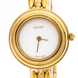 Gucci White Yellow Gold Plated Vintage Interchangeable Bezel 11/12.2 Women's Wristwatch 26 mm