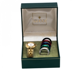 Gucci White Yellow Gold Plated Vintage Interchangeable Bezel 11/12.2 Women's Wristwatch 26 mm