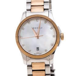 Pre Owned Gucci Mother of Pearl Two-Tone Stainless Steel Diamonds G-Timeless 126.5 Women's Wristwatch 27 mm