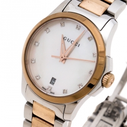 Pre Owned Gucci Mother of Pearl Two-Tone Stainless Steel Diamonds G-Timeless 126.5 Women's Wristwatch 27 mm
