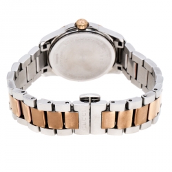 Pre Owned Gucci Mother of Pearl Two-Tone Stainless Steel Diamonds G-Timeless 126.5 Women's Wristwatch 27 mm