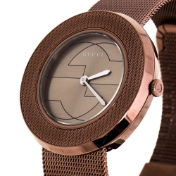 Pre Owned Gucci Grey Dial Bronze Tone Stainless Steel U-Play 129.4 Women's Wristwatch 35 mm
