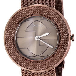 Pre Owned Gucci Grey Dial Bronze Tone Stainless Steel U-Play 129.4 Women's Wristwatch 35 mm
