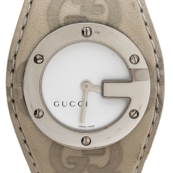 Gucci White Stainless Steel Leather G-Bandeau 104 Women's Wristwatch 31 mm