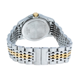 Pre Owned Gucci Mother of Pearl Two-Tone Stainless Steel Diamonds G-Timeless 126.5 Women's Wristwatch 27 mm