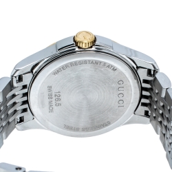 Pre Owned Gucci Mother of Pearl Two-Tone Stainless Steel Diamonds G-Timeless 126.5 Women's Wristwatch 27 mm