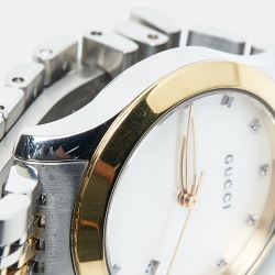 Pre Owned Gucci Mother of Pearl Diamond Two Tone Stainless Steel G-Timeless YA126513  Women's Wristwatch 27 mm