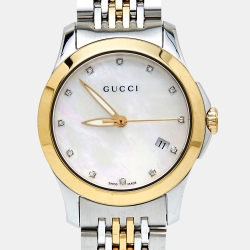 Pre Owned Gucci Mother of Pearl Diamond Two Tone Stainless Steel G-Timeless YA126513  Women's Wristwatch 27 mm