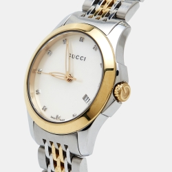 Pre Owned Gucci Mother of Pearl Diamond Two Tone Stainless Steel G-Timeless YA126513  Women's Wristwatch 27 mm