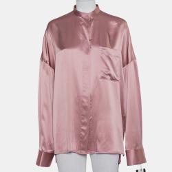 Pink Silk Satin Stand Collar Drop Shoulder Detail Dali Shirt
