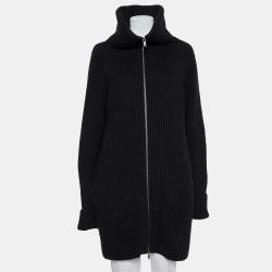 Black Wool Knit Collared Zip Front Oversized Long Cardigan