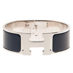 Pre Owned Hermes Clic Clac H Wide Blue Enameled White H Palladium Plated Bracelet PM
