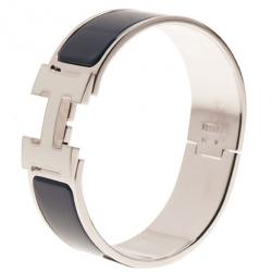 Pre Owned Hermes Clic Clac H Wide Blue Enameled White H Palladium Plated Bracelet PM